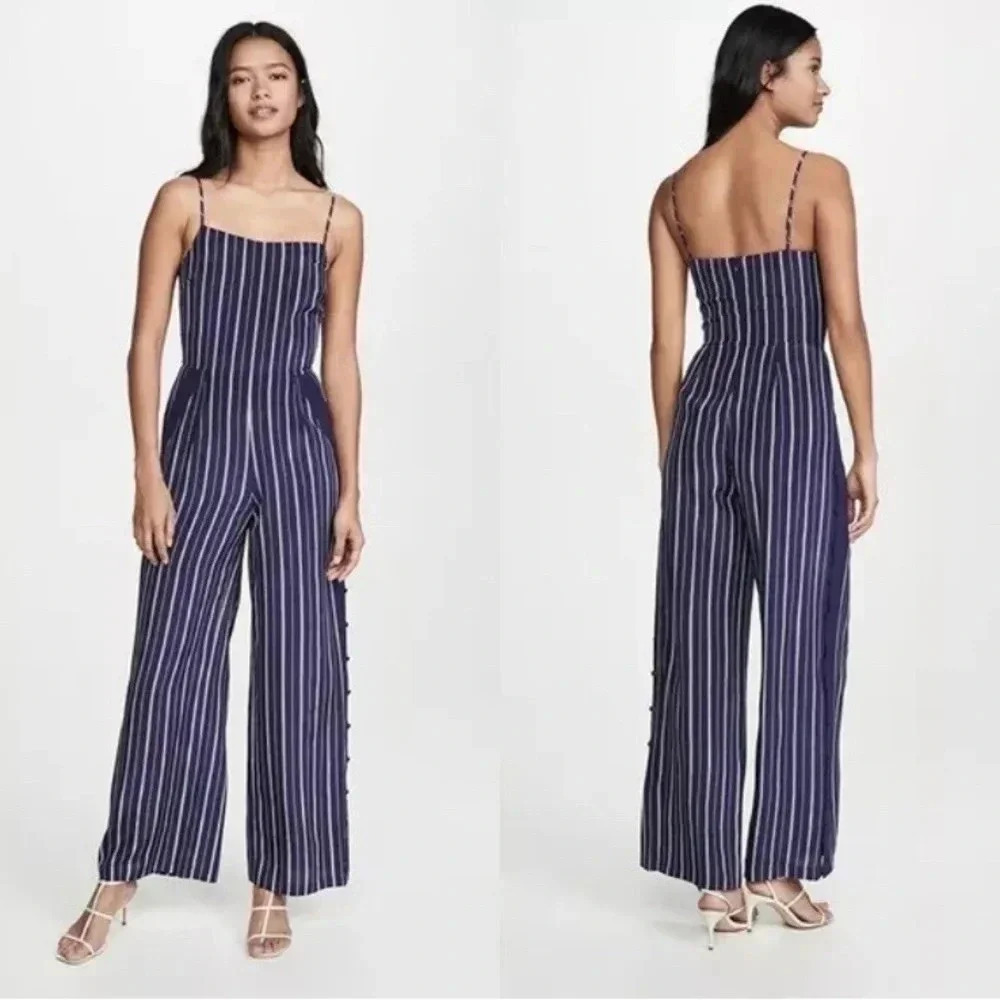 NWT L'Agence Finley Jumpsuit Side Buttons Navy White Silk Stripe Pockets (2)